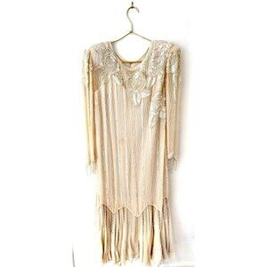 Vintage Oleg Cassini Silk Sequin Beaded Formal Dress Size 14 Blush Pink 1980s